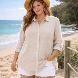 Sigrid Olsen Women Top XL Beige 100% Linen Button Front Beach Cover Up Tunic NWT